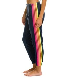 Aviator Nation 5 Stripe Sweatpants Heather Navy Neon Rainbow XS